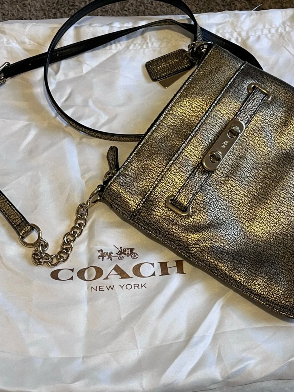 Coach Swagger Swingpack Metallic Gold Crossbody Bag with Turnlock Detail and bag